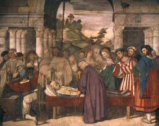 Fösvény szívének csodája, részlet a Tizianus Páduai Szent Antal életének jeleneteiből (1490-1576 körül), freskó, Szent vagy Scoletta Iskola, Padova