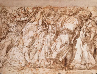 Tanulmány az apostolok csoportjáról a velencei Frari Mennybemenetele templomban, Tiziano Vecellio (kb. 1490-1576), toll- és tusrajz