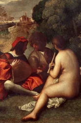 A zenekar koncertje Zenészek füvön, nők meztelenek. Részlet. Tiziano Vecellio dit le Titian (1485-1576) vagy Giorgio da Castelfranco dit Giorgione (1476/1478-1510) festménye V. 1,05 x 1,36 m Párizs, Louvre Múzeum