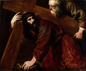 Krisztus és Cirenei Simon - Cirenei Simon segít Jézusnak vinni a keresztjét. Tiziano Vecellio, más néven Tiziano festménye (1485-1576)
