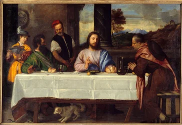 Vacsora az Emmausban. Találkozz Jézussal pelerinekkel. Tiziano Vecellio dit le Titian (1485-1576) festménye, 16. század V. 1,69x2,44 m