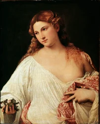 Flóra. Tiziano Vecellio, azaz Tiziano festménye, 1515 körül. Méretek: 64 x 80 cm. Uffizi Képtár, Firenze