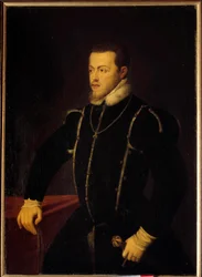 II. Fülöp (1527-1598) spanyol és portugál király portréja Tiziano Vecellio festménye, a Tizianus (1485-1576) 16. századi nap. 1,08x0,76 m
