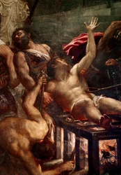 Szent Lőrinc vértanúsága - Szent Lőrinc kínhalála a rostélyon Rómában, 258-ban. Részlet. Tiziano Vecellio, más néven Tiziano (kb. 1490-1576) festménye, 1548-1559. 500x280 cm. Velence, jezsuita templom