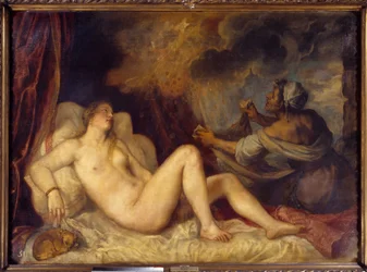Danaé fogadja az aranyesőt. Zeusz aranypénzek esőjének alakjában érkezik Danaéhoz, hogy elcsábítsa. Tiziano Vecellio, Tiziano néven ismert művész (1488-1576) festménye, 1553. 1,29 x 1,8 m. Madrid, Prado Múzeum