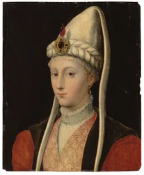 Egy nő, feltehetően a Roxelana néven ismert Haseki Hürrem szultána mellképe, oszmán viseletben, ékkövekkel díszített fejfedővel