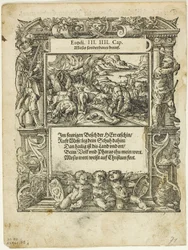 Mózes és az égő bokor (recto) és A folyóba tett csecsemő Mózes (verso) a Neue künstliche Figuren biblischer Historienből, 55. tábla a XVI. századi könyvek fametszeteiből