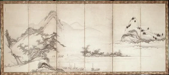 Utazók egy tóparti hídon, 1700 körül (tinta és színes papíron)