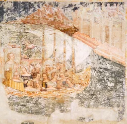 Hajózás Róma felé, részlet a Szent Orsolya történeteiből, Tommaso da Modena (1326-1379), freskó, részlet, Santa Caterina templom, Treviso