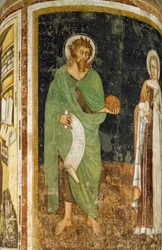Szent Ágnes és Keresztelő Szent János, részlet a Tommaso da Modena által díszített oszlopról (1325 vagy 1326-1379 előtt), freskó, Szent Miklós-templom, Treviso, Olaszország