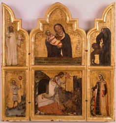 Fából készült, arany poliptichon Szűz és gyermek, Krisztus és a szentek feltámadásával, Tommaso da Modena (1326-1379).