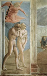Kiűzetés az Édenkertből (La cacciata) - Ádám és Éva kiűzetése az Édenkertből - Tommaso di ser Giovanni di Mone Cassai, azaz Masaccio (1401-1428) freskója, 208x88 cm