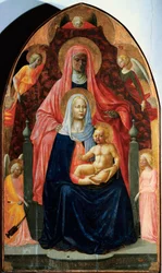 Madonnának gyermeke van Szent Annával és öt angyallal, Detrempe Masaccio (Tommaso di ser Giovanni di Mone Cassai) fán (1401-1428) 1424-1425 Méret: 175x103 cm Firenze, Galleria degli Uffizi (Irodák)