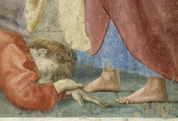 Szent Péter az egyház közös javait osztva, Anániás halála, Anániás részlete, a Szent Péter lábánál halott, 1427 körüli freskó lásd még 57194, 63322 és 63323