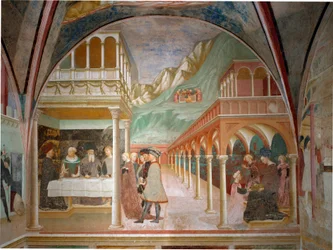 Keresztelő Szent János életciklusa: "" Heródes lakomája "" "Masolino da Panicale freskója (Tommaso di Cristoforo Fini) (1383-1440 kb.) 1435 Keresztelő, Castiglione Olona, ​​Varese