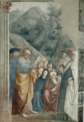 Szent Péter predikációja - Tommaso di Cristoforo Fini dit Masolino da Panicale freskója (1383-1440 körül), 255x162 cm, 1425 körül. Firenze, Santa Maria del Carmine templom, Brancacci kápolna