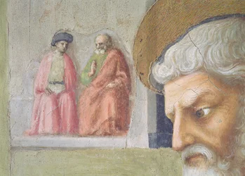 Szent Péter egy nyomorék gyógyítása és Tabitha felemelése Szent Péter fejének részlete két ülő alakkal a távolban, 1427 körül freskó lásd még 57195