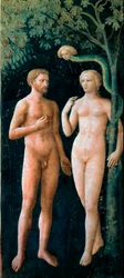 Ádám és Éva megkísértése. Tommaso di Cristofano Fini, Masolino da Panicale néven ismert művész (1383-1440) freskója, 1424-1425. Ma. 208 x 88 cm. Firenze, Chiesa di Santa Maria del Carmine, Cappella Brancacci