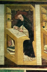 Domonkos szerzetes az íróasztalánál, a "Dononkos rend negyven jeles tagja" ciklusából, a káptalanházban, 1342
