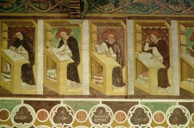 Négy domonkos szerzetes az íróasztalánál, a "A domonkos rend negyven jeles tagja" című ciklusból a Káptalanházban, 1342