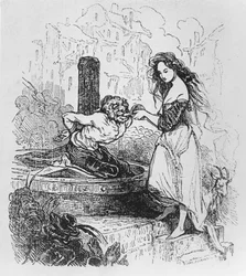 Esmeralda italt ad Quasimodónak, illusztráció Victor Hugo „A párizsi Notre-Dame” című művéből