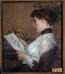 A kép Egy nő csodál egy rajzot. Tony Robert Fleury (1837-1912) festménye 19. századi Orleans, Musee des Beaux Arts