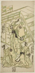 Ichimura Uzaemon VIII színészek Onio Shinzaemon és Onoe Kikugoro I. Usugumo udvarhölgye a Nanakusa Wakayagi Soga című darabban, amelyet az Ichimura Színházban mutattak be 1744 első hónapjában.