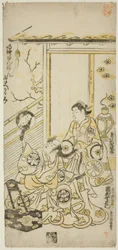 I. Tamazawa Saijiro színészek Oiso no Tora szerepében és Ichimura Uzaemon VIII Soga no Juro szerepében a "Haru wa Akebono Kuruwa Soga" című darabban, amelyet az Ichimura Színházban mutattak be 1743 első hónapjában.