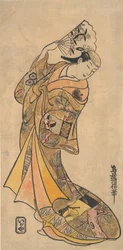 A színész, Nakamura Shichisaburo II, 1703-1774, mint egy nő rajongóval.