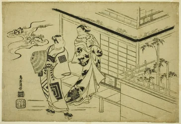 A színészek Nakamura Takesaburo I Kewaizaka no Shosho szerepében és Ichikawa Danjuro II Soga no Goro szerepében a "Bando Ichi Kotobuki Soga" című darabban, amelyet a Nakamura Színházban mutattak be 1715 első hónapjában.