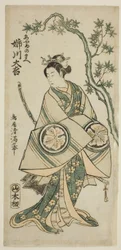 Anegawa Daikichi színész mint Ayame no Mae a "Miyo no Hana Yunzei Kagami" című darabban, amelyet a Morita Színházban adtak elő 1760 tizenegyedik havában.