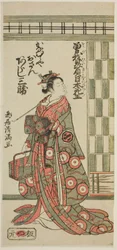 Arashi Sankatsu színész mint Kanamuraya Osan a "Soga Hiiki Nihon Sakura" című darabban, amelyet a Nakamura Színházban adtak elő 1762 harmadik hónapjában.
