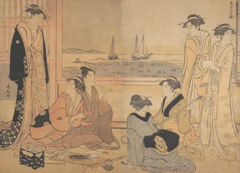 Vidámozók partija egy teaházban Shinagawában, kb. 1783.
