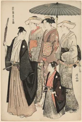 Egy fiatal nemes, az anyja és három szolga, a "Kelet modorok brokátja (Fuzoku Azuma no nishiki)" sorozatból