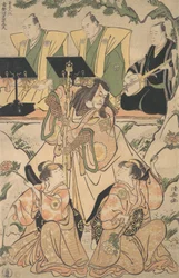Színészek egy színjátszást és táncot ötvöző shosa-előadásban, 1790 körül.