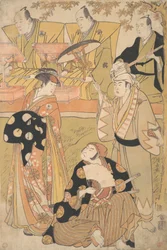 Onoe Matsusuke I, mint oiran áll a bal oldalon, beszélget Nakamura Nakazo I-vel, mint Sam..., kb. 1788.
