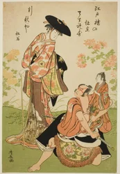 A színészek Iwai Hanshiro IV mint Kuzunoha, Ichikawa Yaozo III mint Yakanpei, és Ichikawa Ebizo IV mint Abe no Doji az "Ashiya Doman Ouchi Kagami" című darabban, amelyet a Nakamura Színházban mutattak be 1784 kilencedik hónapjában.