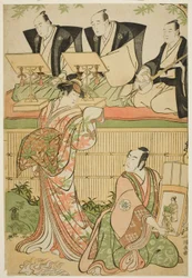A színészek Matsumoto Koshiro IV Ukita Sakingo szerepében és Sawamura Sojuro III, mint Takao udvarhölgy szelleme, az "Ominaeshi Sugata no Hatsuaki" című darabban a Nakamura Színházban 1788-ban.