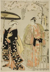 A színészek, Sawamura Sojuro III, mint Kusunoki Masatsura és Arashi Murajiro mint Ben no Naishi, a "Sode Furu Yuki Yoshino Shui" című shosában, amelyet a Nakamura Színházban adtak elő 1786. tizenegyedik hónapjában.