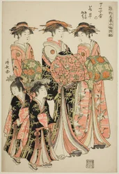 A Chojiya udvarhölgye, Wakakusa kísérőivel, Asanóval és Midorival, a "Modells for Fashion: New Designs olyan friss, mint a fiatal levelek (Hinagata wakana no hatsu moyo)" sorozatból.