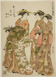 Az udvarhölgy a Pa-on Az ogiya udvarhölgye, Toji kísérőivel, Satojival és Urajival, a "Modells for Fashion: New Designs olyan friss, mint a fiatal levelek (Hinagata wakana no hatsu moyo)" sorozatból, a Yoshiwarában kamurója kíséretében. az o