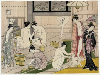 Nők egy nyilvános fürdőben. Torii Kiyonaga (1752-1815) japán nyomata, 1785 körül. Torii-iskola (ukiyo-e vagy ukiyoe).