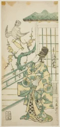 A színész, Yoshizawa Ayame II Hotoke Gozen szerepében az Onna Monji Heike Monogatari című darabban, amelyet a Nakamura Színházban mutattak be 1748. tizenegyedik hónapjában.
