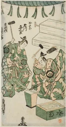 A színészek Fujikawa Heikuro mint Masamune és Matsushima Kichisaburo mint Rai Kunitsugu a "Shin Usuyuki Monogatari" című darabban, amelyet a Nakamura Színházban mutattak be 1746 hatodik hónapjában.
