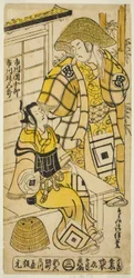 Ichikawa Danjuro II színészek Onio Shinzaemon és Ichikawa Masugoro Soga no Goro szerepében a Furiwake-gami Hatsugai Soga című darabban, amelyet az Ichimura Színházban mutattak be 1735 első hónapjában.