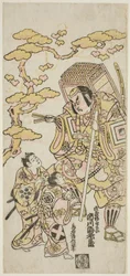 A színészek Ichikawa Ebizo II, mint Musashibo Benkei, Sakata Shintaro (?) mint Soga no Goro, és Takigawa Kinya (?) mint Soga no Juro a „Sazareishi Suehiro Genji” című darabban, amelyet a Nakamura Színházban mutattak be 1744 első hónapjában.