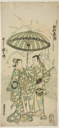 I. Ichimura Kamezo színészek Kanto Korokuként és Arashi Tominosuke I. Hayasaki a "Hokazo Yunzei Hachinoki" című darabban, amelyet az Ichimura Színházban mutattak be 1748. tizenegyedik hónapjában.