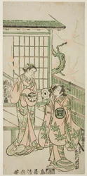 A színészek Sanogawa Ichimatsu I. Minamoto no Yorimasa és Segawa Kikujiro I. Nobutsura felesége, Karumo szerepében a "Shusse Momijigari" című darabban, amelyet az Ichimura Színházban adtak elő 1747 tizenegyedik havában.
