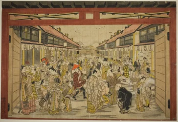 A főkapu, Új Yoshiwara, 1745 körül (kézzel színezett fametszet; toku-oban yoko-e, beni-e)