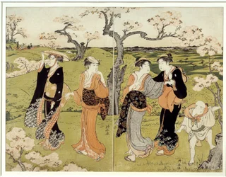Piknik a cseresznyevirágok alatt Assaakayamában. Japán nyomat Torii Kiyonaga (1752-1815), Ukiyo-E stílusban